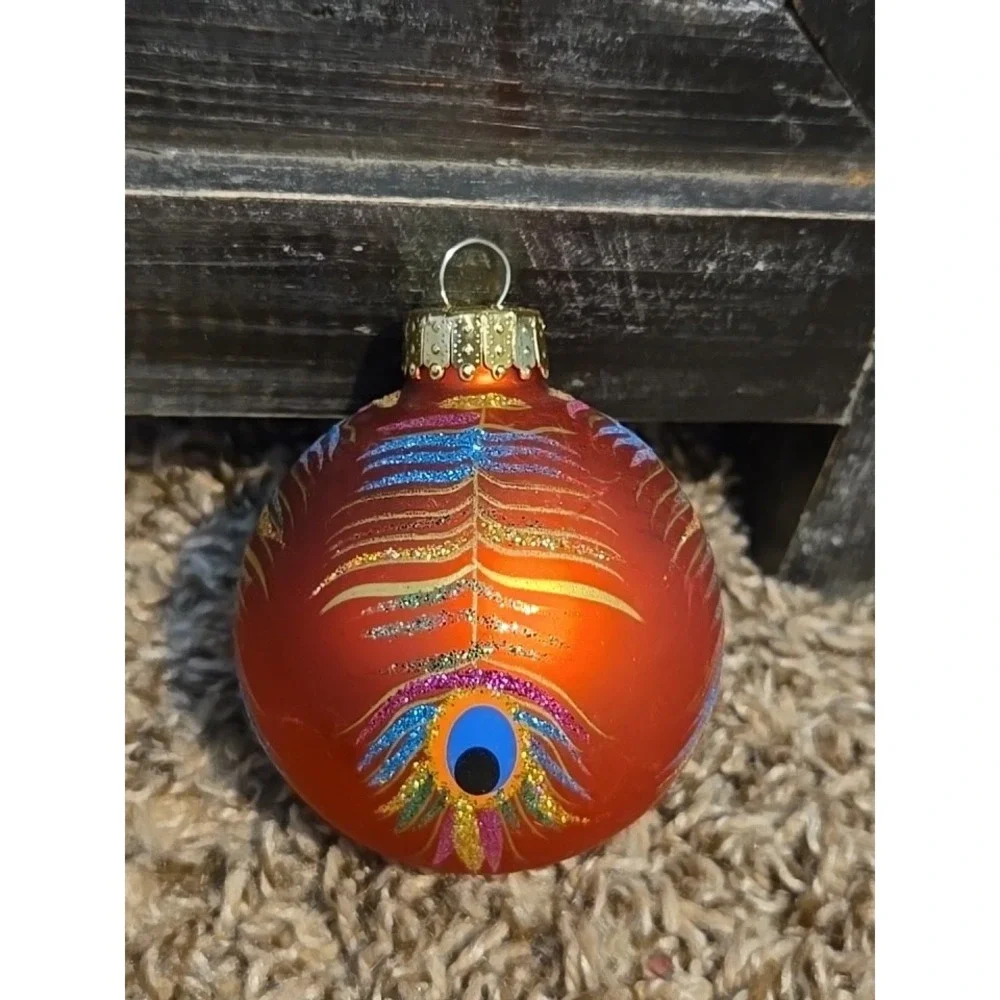 Peacock Feather Glass Ball Christmas Tree Ornament Red Glitter 3